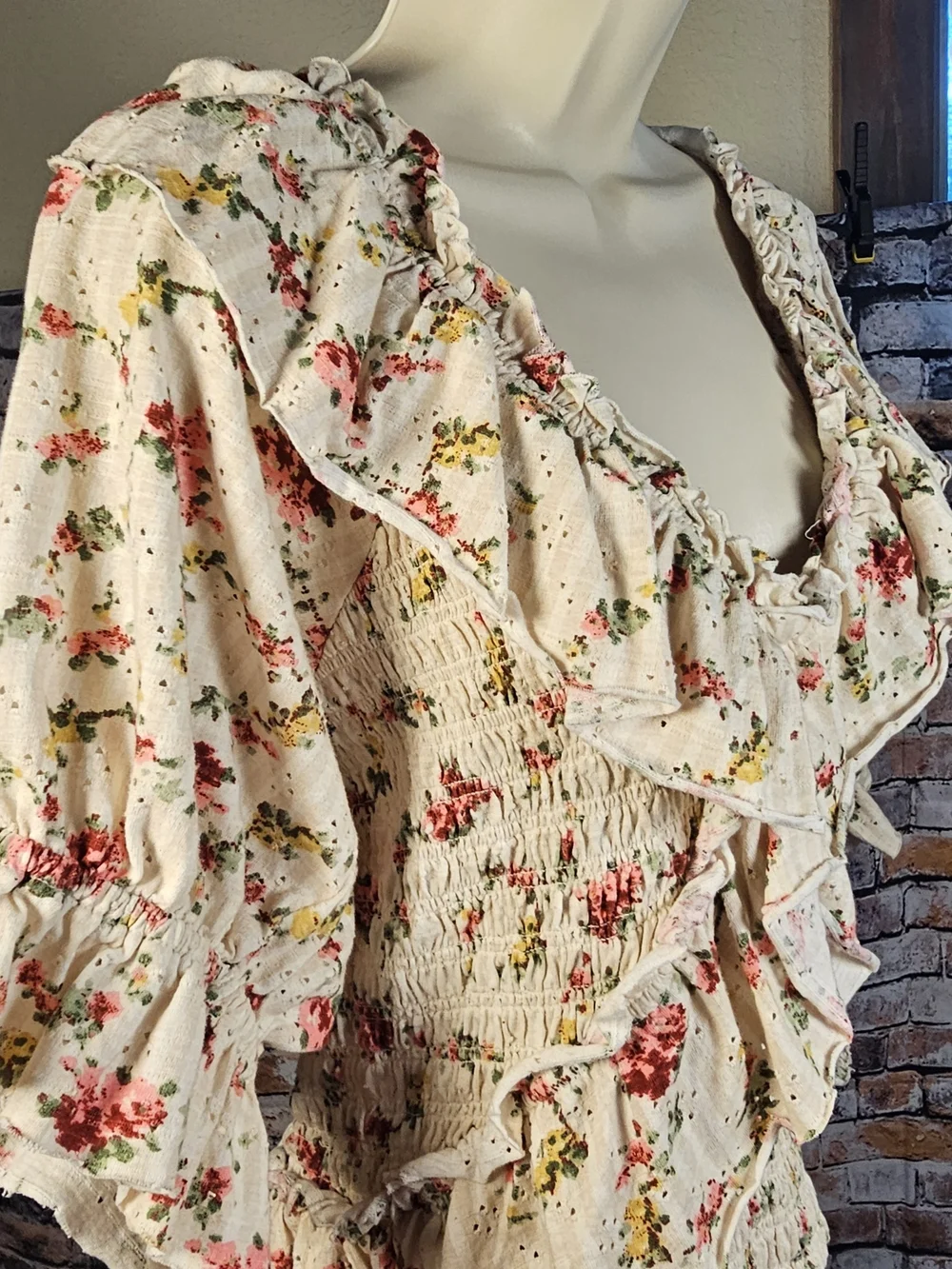 Free People Floral Smocked Ruffle Top Cottagecore Puff Sleeve Blouse Large